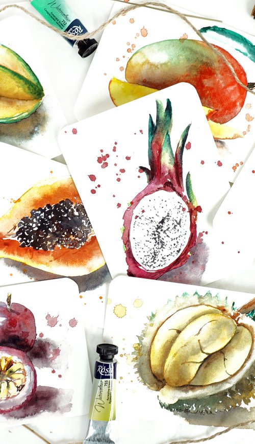 Exotic Fruits - Original Watercolor Painting Collection of 9 Mini Artworks by Yana Shvets