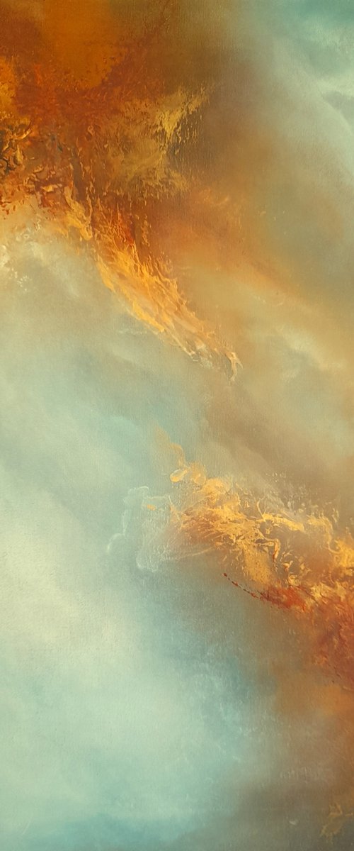 REACH OUT (Abstract slimline cloudscape oil painting) by Gillian Luff