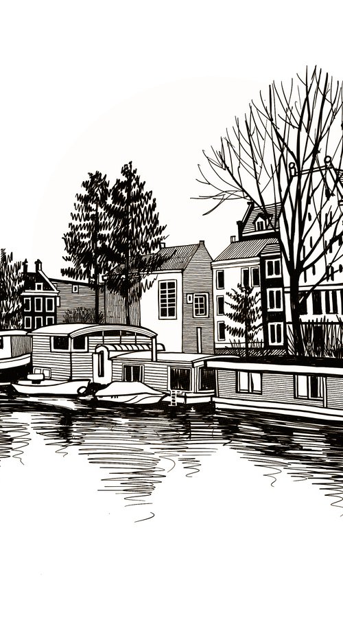 Houses on water and boats on a canal of Amsterdam, Netherlands. by Tatiana Alekseeva