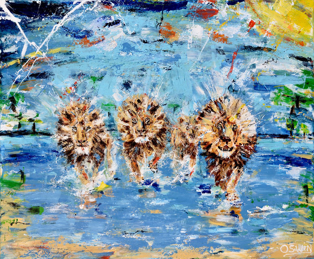 LIONS: RUNNING WITH LIONS - WILD CATS - 100 X 120 CM| 39.37 X 47.24 BY OSWIN GESSELLI by Oswin Gesselli