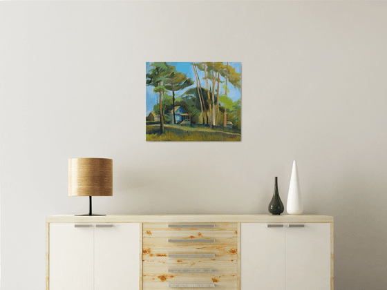 A HOUSE IN THE WOODS - landscape oil painting with pine trees and cerulean blue sky gift idea living room art
