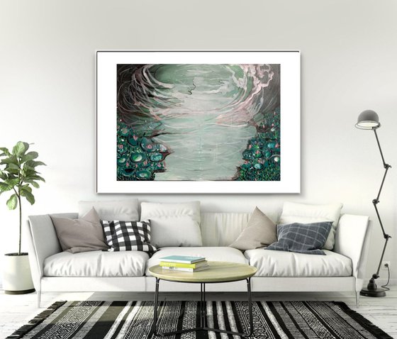 Pond Inspired Lilies by Monet Painting with Water Lilies, New Year's Painting Flower Impressions, Realistic Water Painting, Green Abstract Paintings, Home Decor, Large Wall Art Gift Ideas, Original Artwork, Large Canvas Painting, Livingroom Decor, Green Abstracts