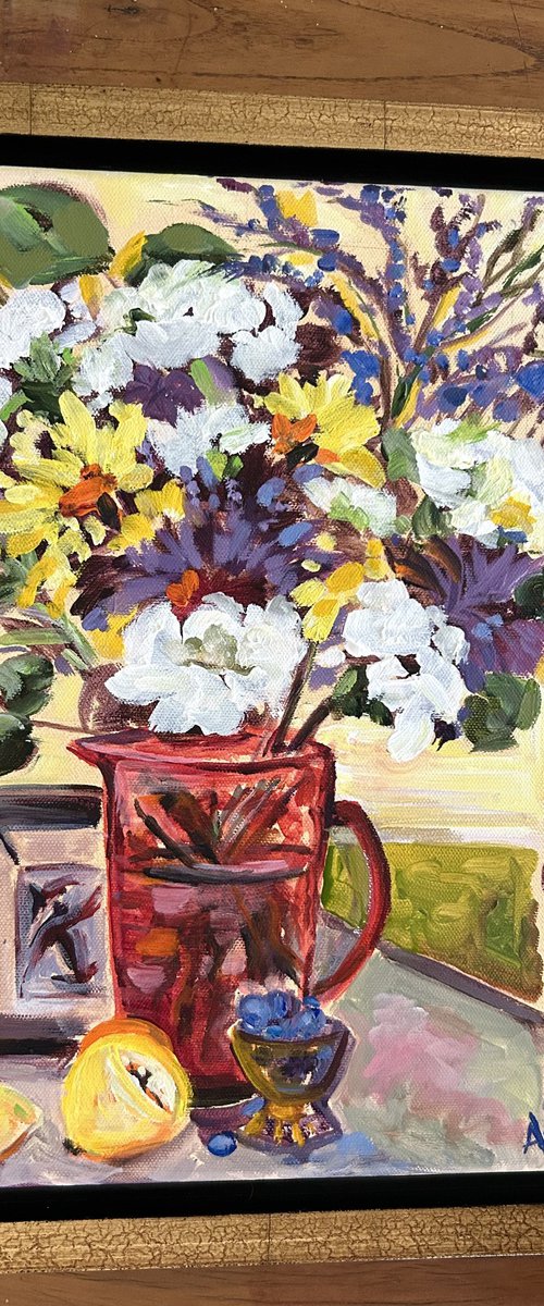 Carnations & Mums in Red Vase by Annette Wolters