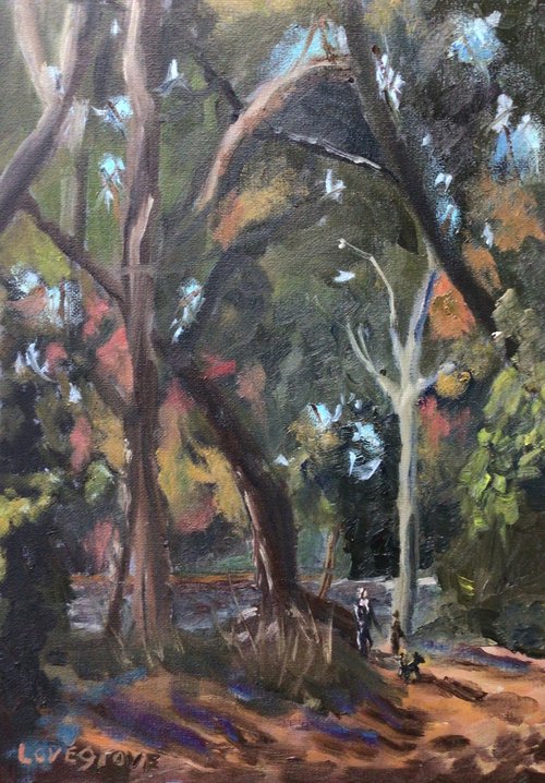 A walk in the woods, an original ‘plein air’ oil painting by Julian Lovegrove Art