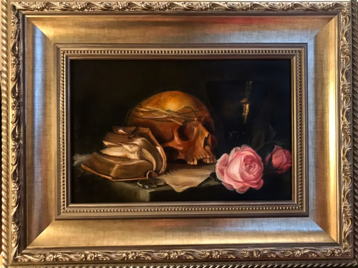 A Vanities Still Life with a Skull, a Book and Roses (Jan Davids de Heem, 1630 year), copy... by Victoria Letucheva