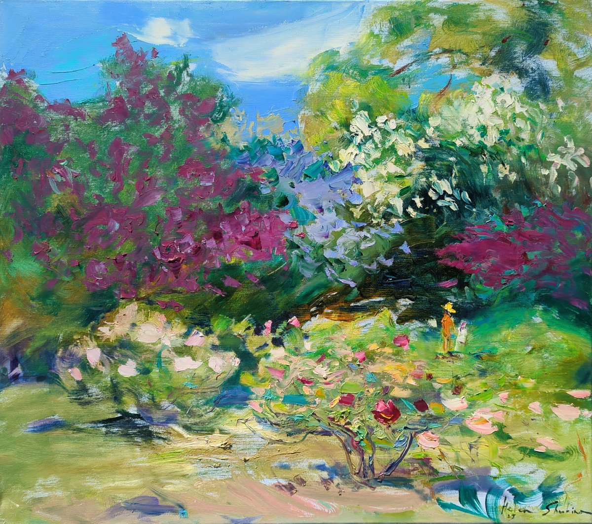Expressive Landscape Oil Painting By Helen Shukina, 31 X 28, Summer Garden, Original Artwork