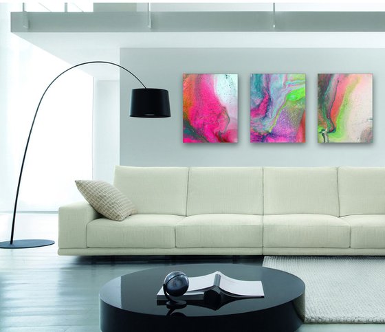 "Menage A Trois" - FREE USA SHIPPING - Original Triptych, Abstract PMS Acrylic Paintings Series - 48" x 20"