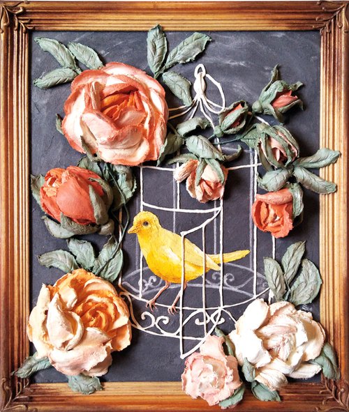 Canary bird in an open cage, wrapped in roses - on the threshold of freedom, 26x34x5 cm by Irina Stepanova
