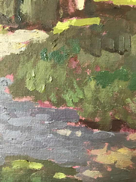 Original Oil Painting Wall Art Artwork Signed Hand Made Jixiang Dong Canvas 25cm × 30cm The lane through Marsh Park small building Impressionism