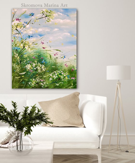 DREAMER'S CORNER - Set of 2 green meadow. Wind. Summer. Positive. Warm. Colorful diptych.