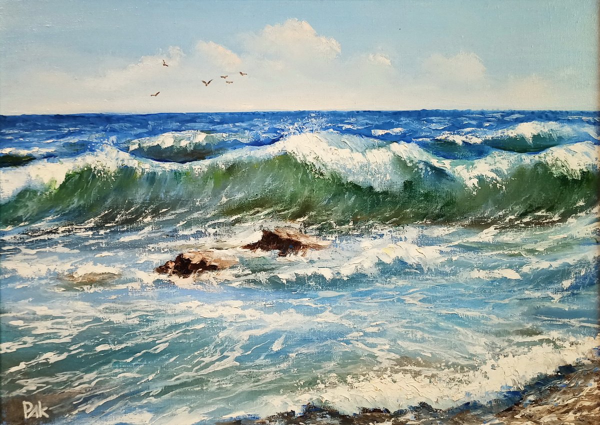 Photorealistic Landscape Oil Painting By Oleh Rak, 32 X 24", Seascape 3, Original Artwork