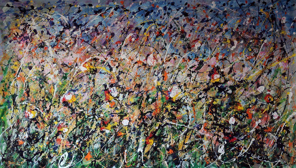 Abstract Acrylic Painting By Antonino Puliafico, 87 X 47, Orizzonte Fiorito, Original Artwork