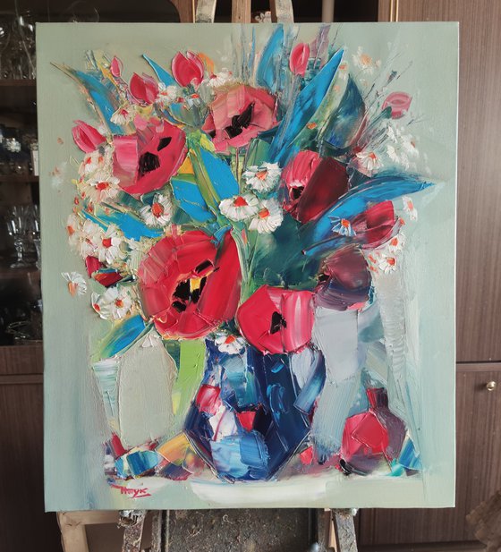 Field flowers(70x60cm, oil painting,  ready to hang)