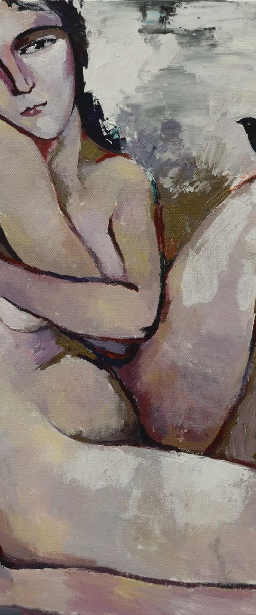 Nude and bird Acrylic painting by Anastasiia Valiulina