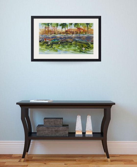 Watercolor landscape with fishing boats. "Seafront in Hoi An. Vietnam"