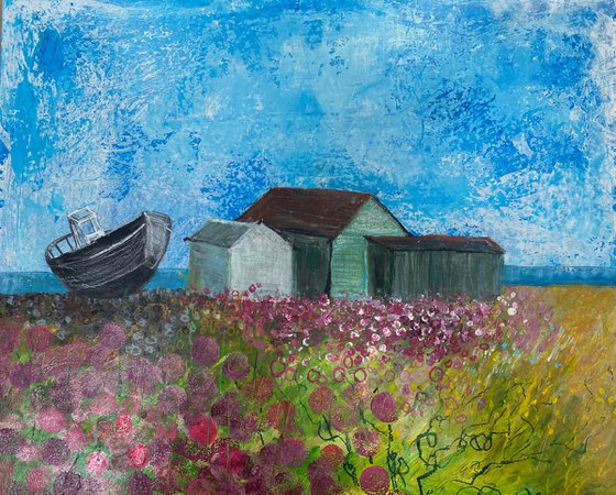 Sea thrift beach huts boat