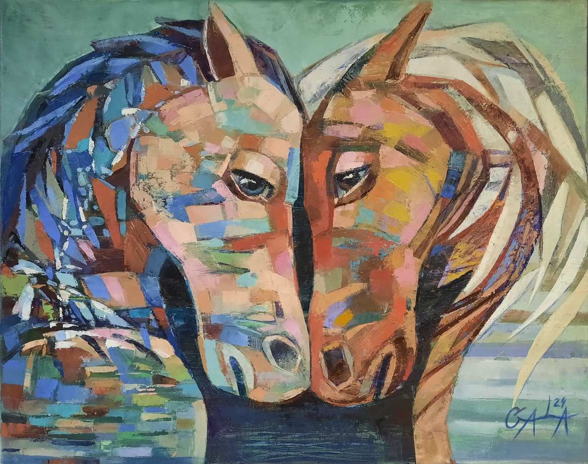 Expressive Animal Oil Painting By Galya Koleva, 20 X 16, In Love, Original Artwork