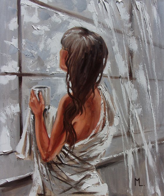 " EVENING COFFEE ... "- For K.  liGHt  ORIGINAL OIL PAINTING, GIFT, PALETTE KNIFE nude