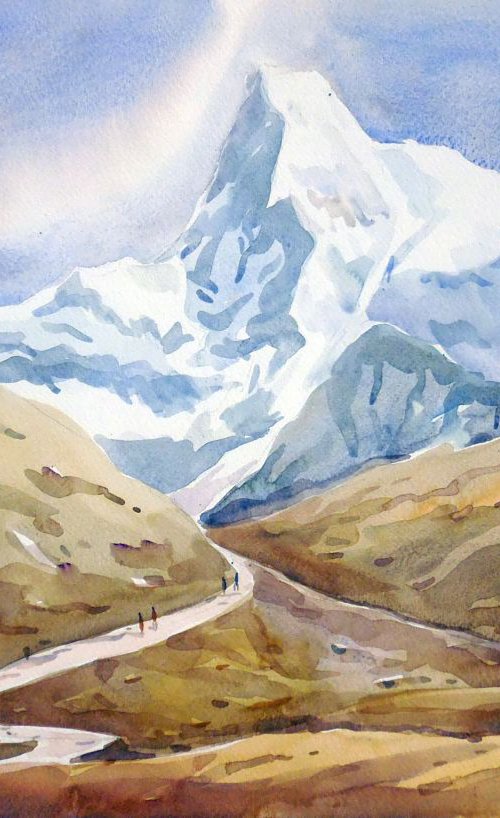 Beauty of Himalaya Peaks-Watercolor on Paper Painting by Samiran Sarkar