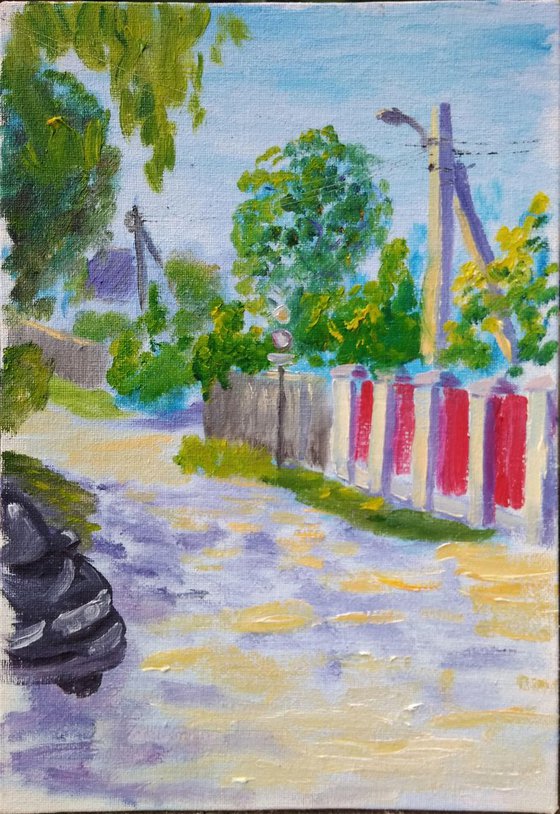 Street in Village with a black car Plein Air Oil Painting