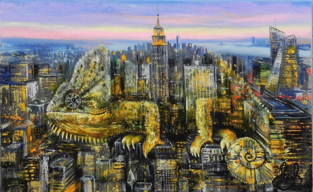 Surrealistic Landscape Oil Painting By Yurii Novikov, 16 X 10", "Manhattan Chameleon", Original Artwork