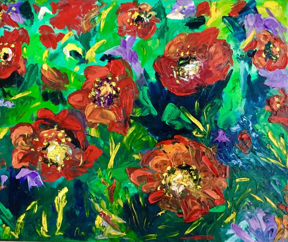 Poppies . Salute of flowers . Gift idea . Palette knife art .