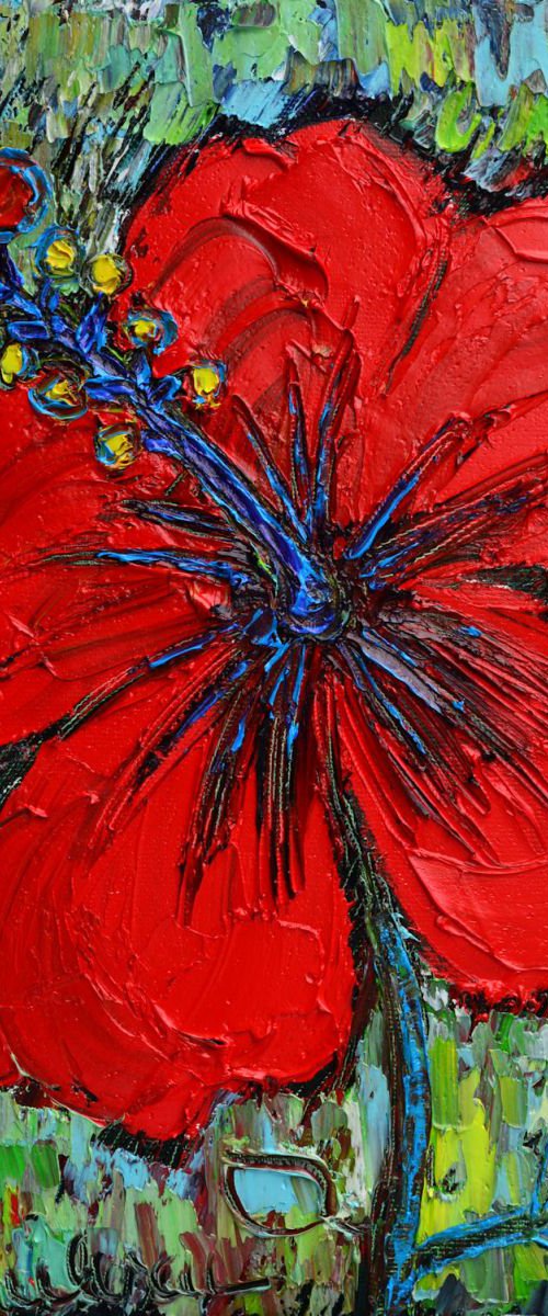 RED HIBISCUS - modern abstract impressionist floral art original palette knife oil painting by ANA MARIA EDULESCU