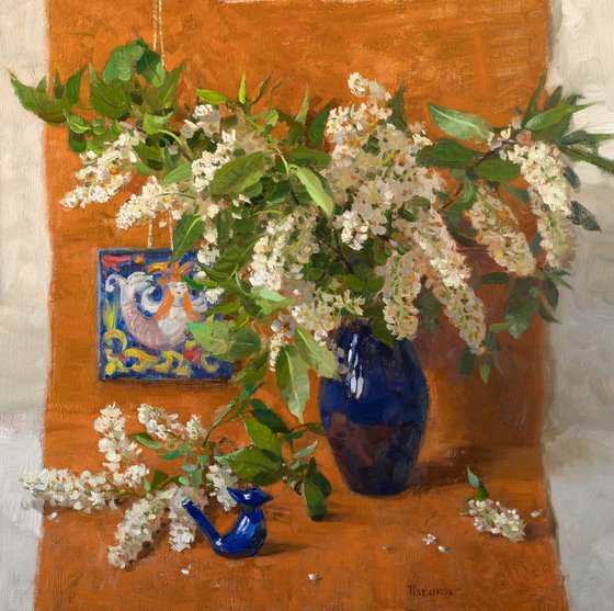 Bird cherry in a blue vase