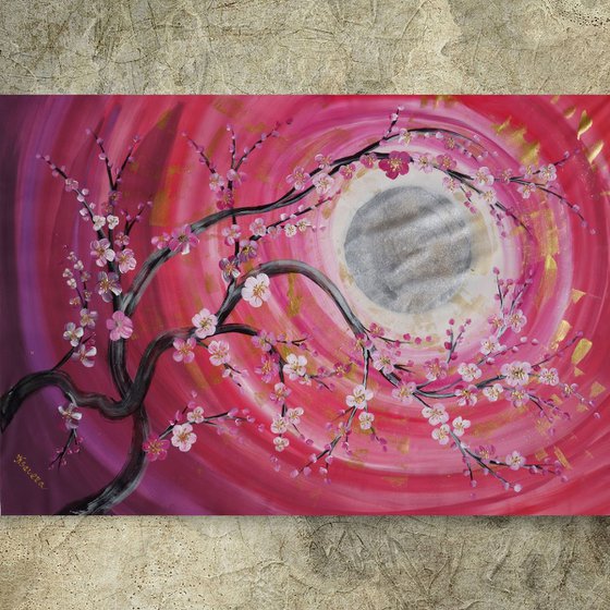 Cherry blossom large red painting 110×160 cm acrylic on unstretched canvas B098 art original artwork in japanese style