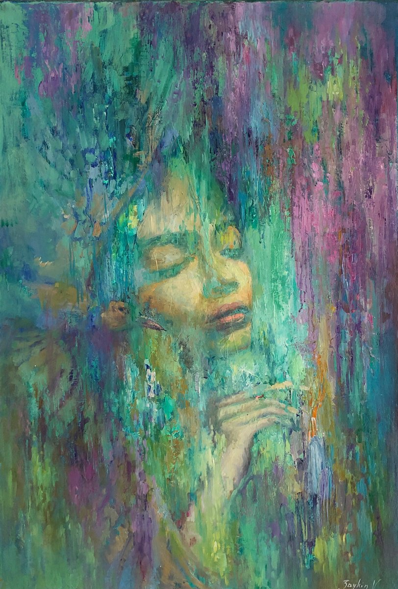 Impressionistic Portrait Oil Painting By Viacheslav Zaykin, 20 X 28", Serene Blue Green Woman Painting, Original Artwork