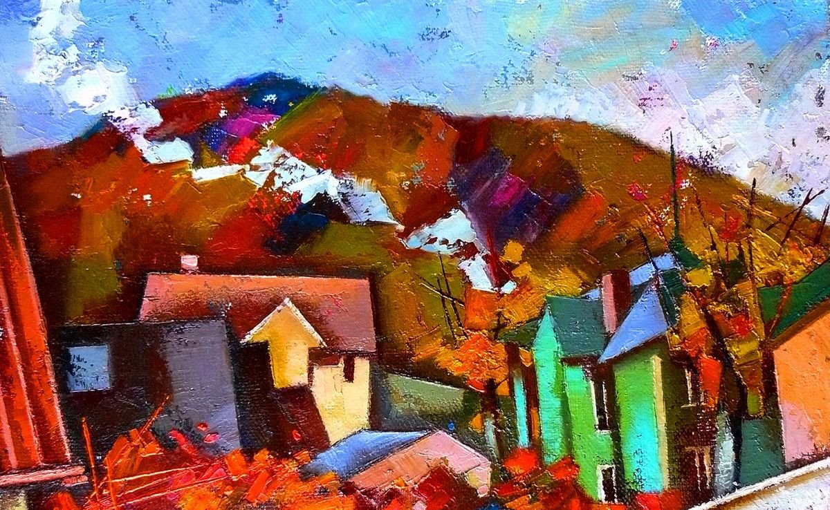 Impressionistic Landscape Oil Painting By Oksana Kornienko, 15 X 9", Autumn In The Resort Town, Original Artwork