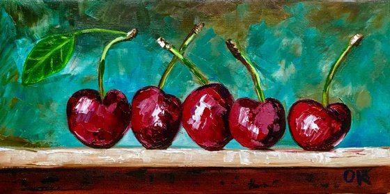 Cherries. Still life. Palette knife painting on linen canvas