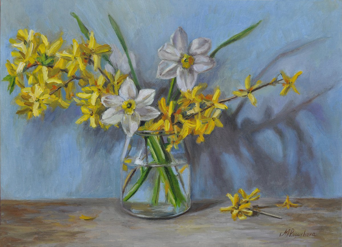 Forsythia and Daffodils original oil painting by Marina Petukhova