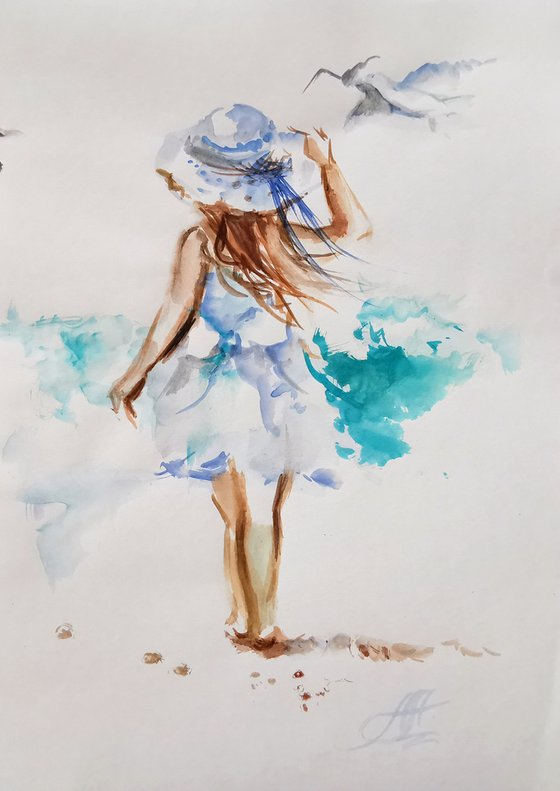 Childhood and the beach watercolor drawing