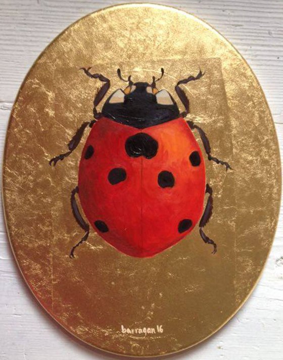 My Big Golden Ladybug Oil Painting on Oval Lacquered Golden Leaf Canvas Frame