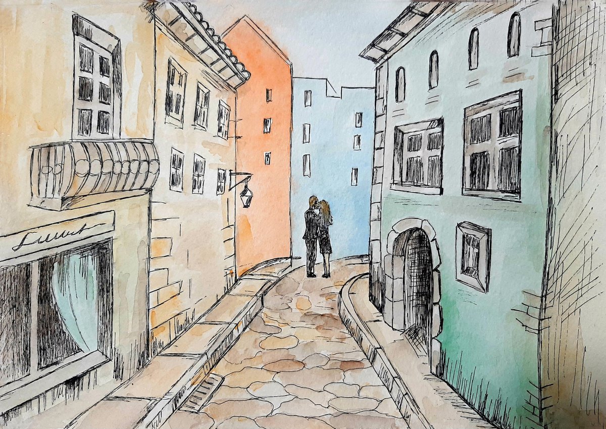 Illustrative Watercolour , Kiss By Luba Ostroushko, 9 X 13, Artwork For Sale On Artfinder