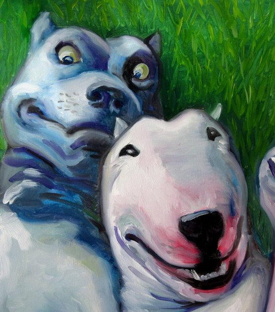 "Dog`s Friendship" Bull Terrier and Pit Bull Terrier Hand Painted Custom Dog Oil Painting (paint pet or animal from photo), Commission Portrait Painting