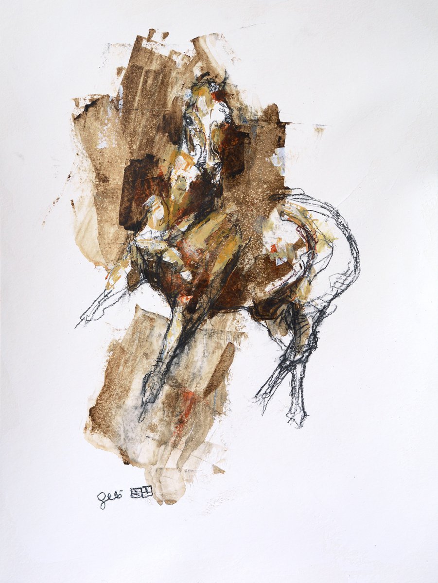 Expressive Animal Acrylic Painting By Benedicte Gele, 17 X 22, Equine Nude 116T, Original Artwork