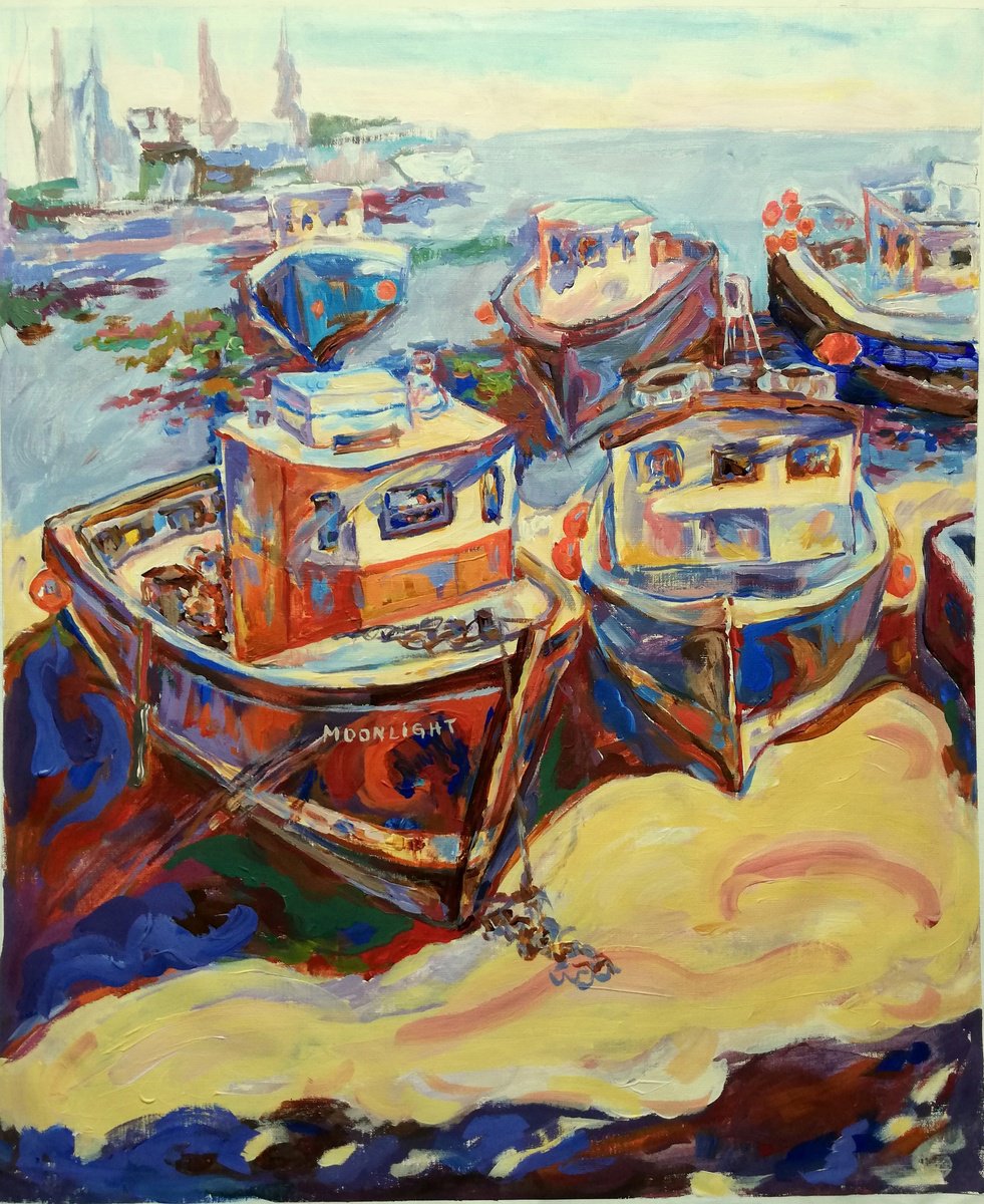 Impressionistic Landscape Acrylic Painting By Jelena Djokic, 22 X 26, Beach Boats, Original Artwork
