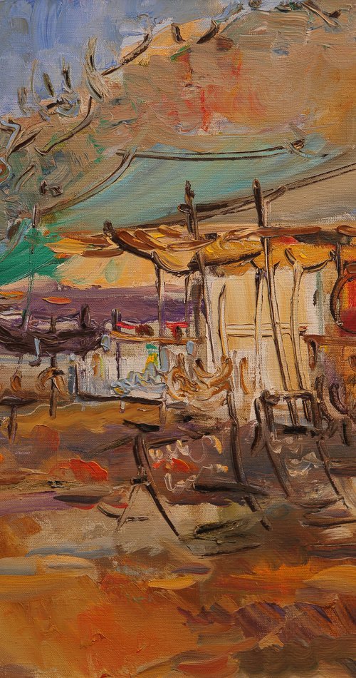 Cafe in Arambol. Goa, India - Seashore Landscape - Oil Painting - Plein Air - Medium Size by Karakhan