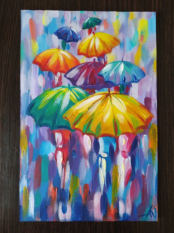 Rain in the city - umbrella art, people in the rain, acrylic painting, people art, rain, umbrella, impressionism, gift