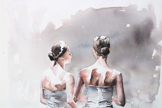 Ballerina's in watercolour "Before the show"