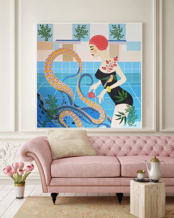 The Girl With Octopus - Tentacles - SeaLife - Swimming pool - Art-Deco - Natatorium, XL LARGE PAINTING