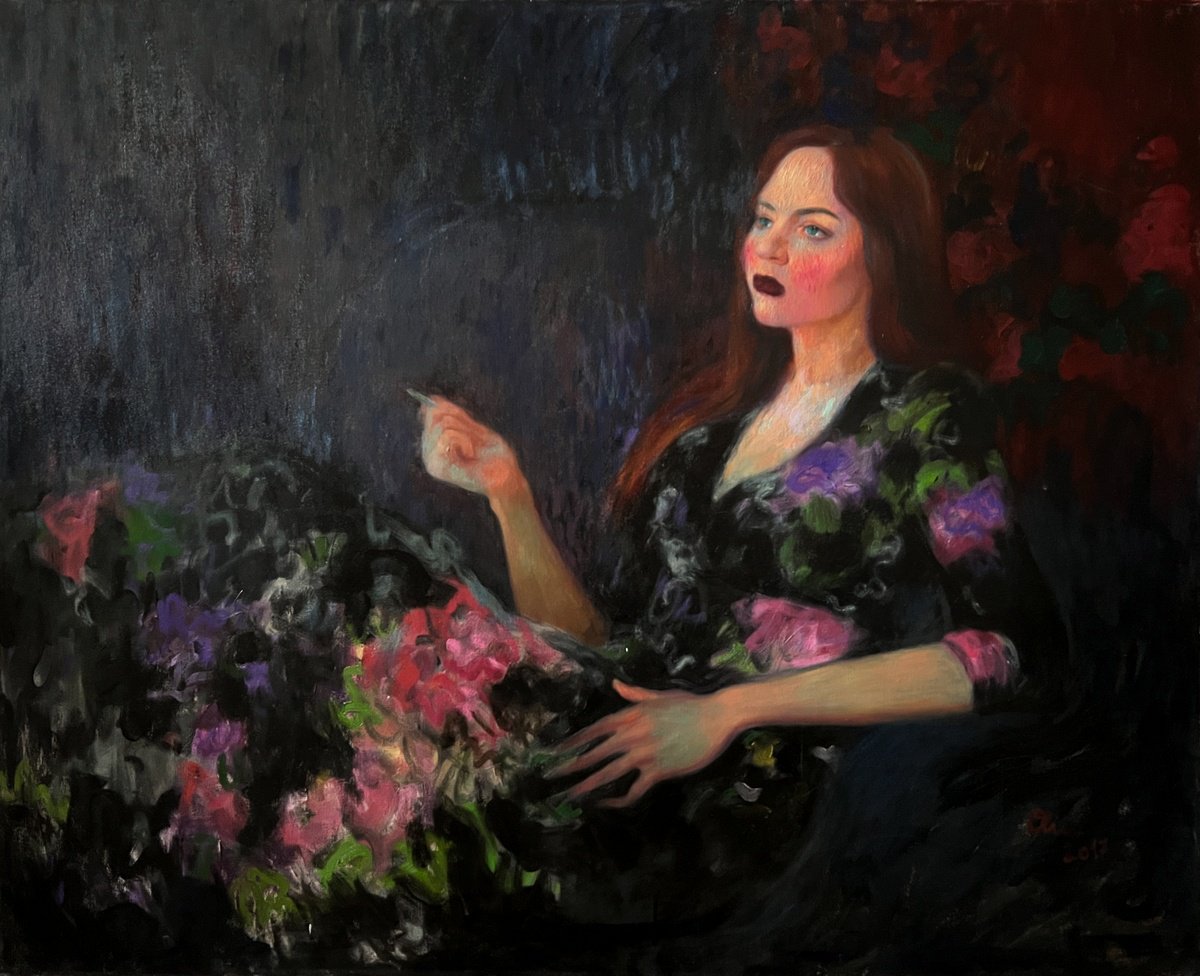Woman in Black Floral Dress by Elina Arbidane