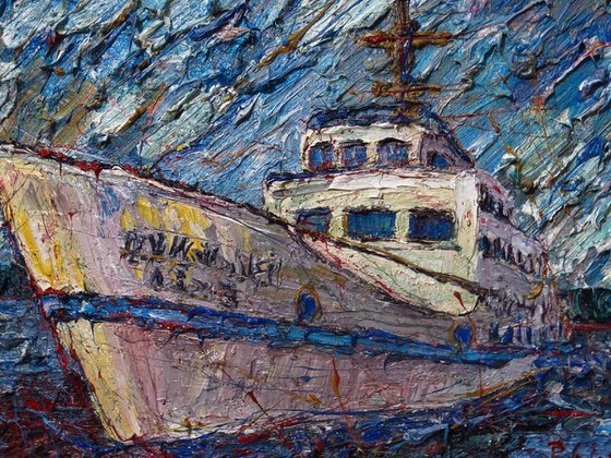SETS IN (cat. ref. x1177) - Original oil painting large expressionism signed ship sea abstract