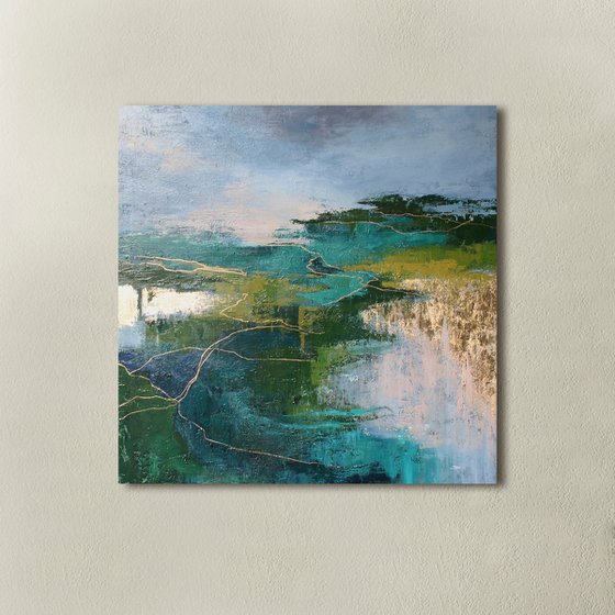 "Riverside" Abstract forest green gold art