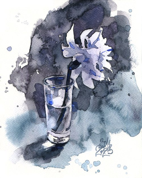 "Lunar" - one narcissus flower in a glass, watercolor sketch in gray tones by Ksenia Selianko