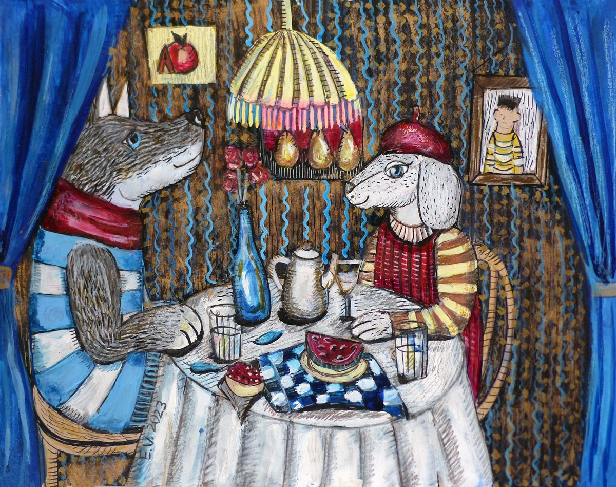 Illustrative Animal Painting By Elizabeth Vlasova, 14 X 11, Cozy Tea Company, Original Artwork