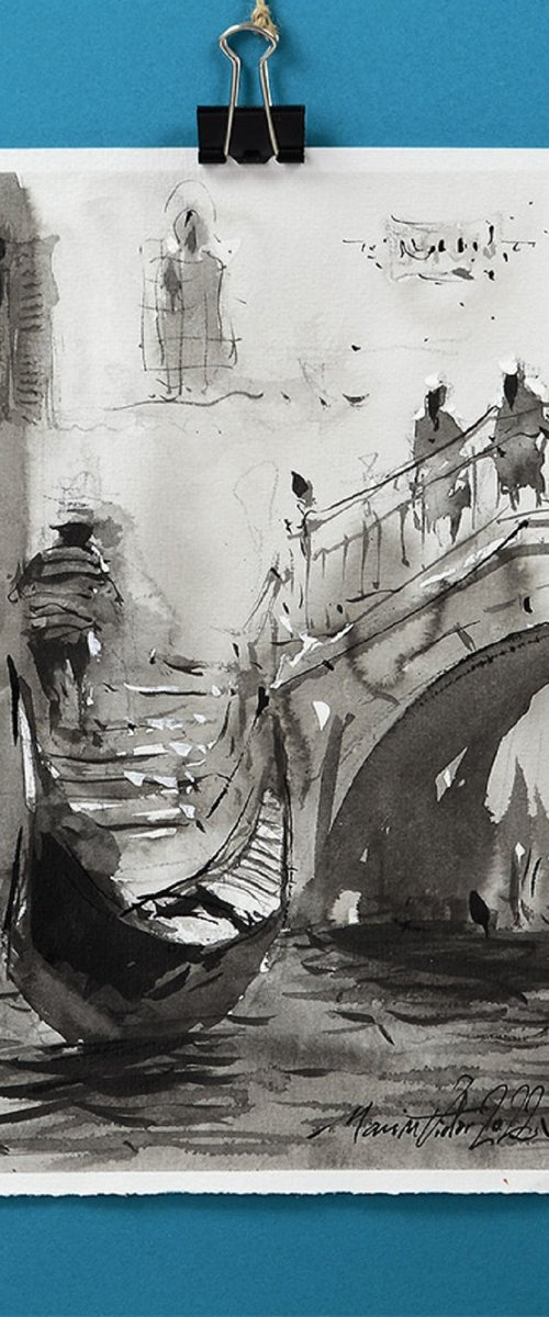 Venice original ink sketch painting. Gondolas. by Marin Victor