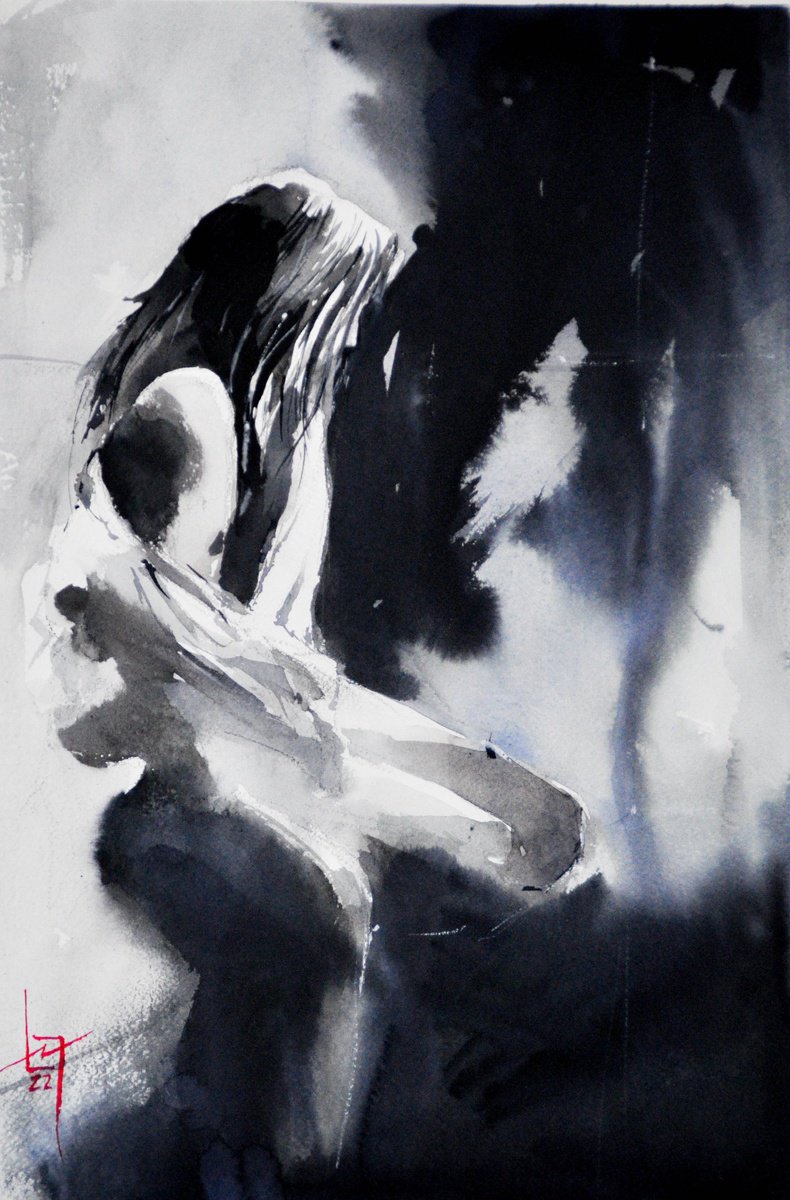 Impressionistic Portrait Watercolour By Flavio Furlan, 13 X 22, She